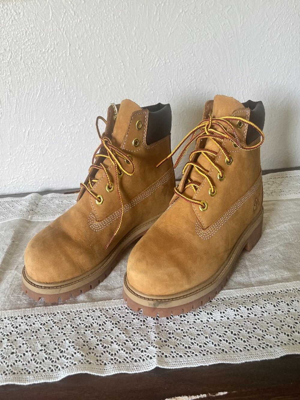 Timberland 6-Inch Premium Waterproof Boots in Wheat Nubuck color, boys size 3.